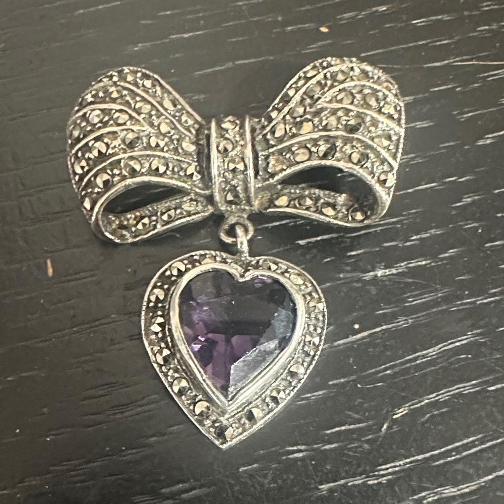 Marcasite Silver Bow Pendant with Purple amethyst Heart Gem